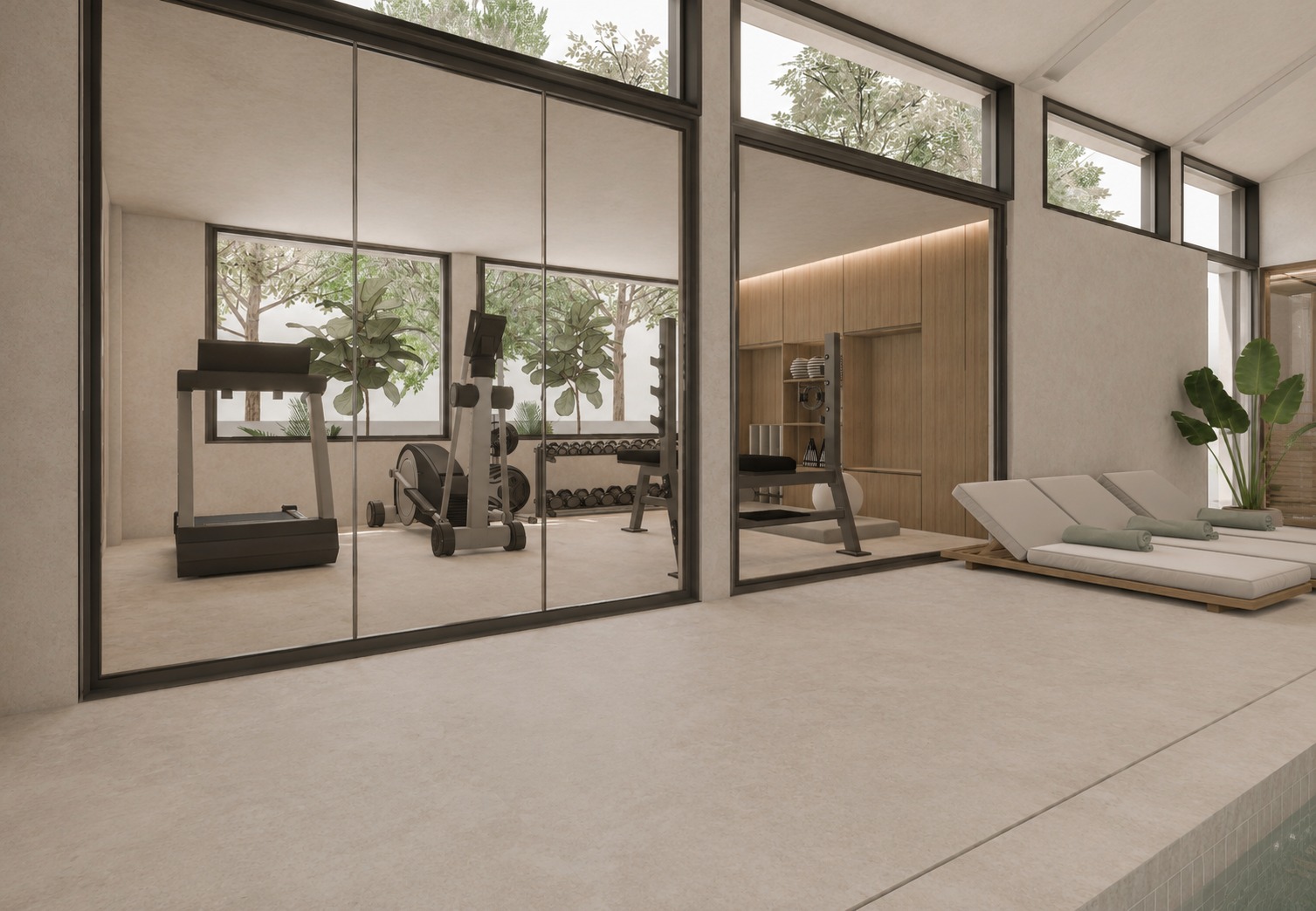 Villa Lara: piscina interior con muro de piedra y cascadas